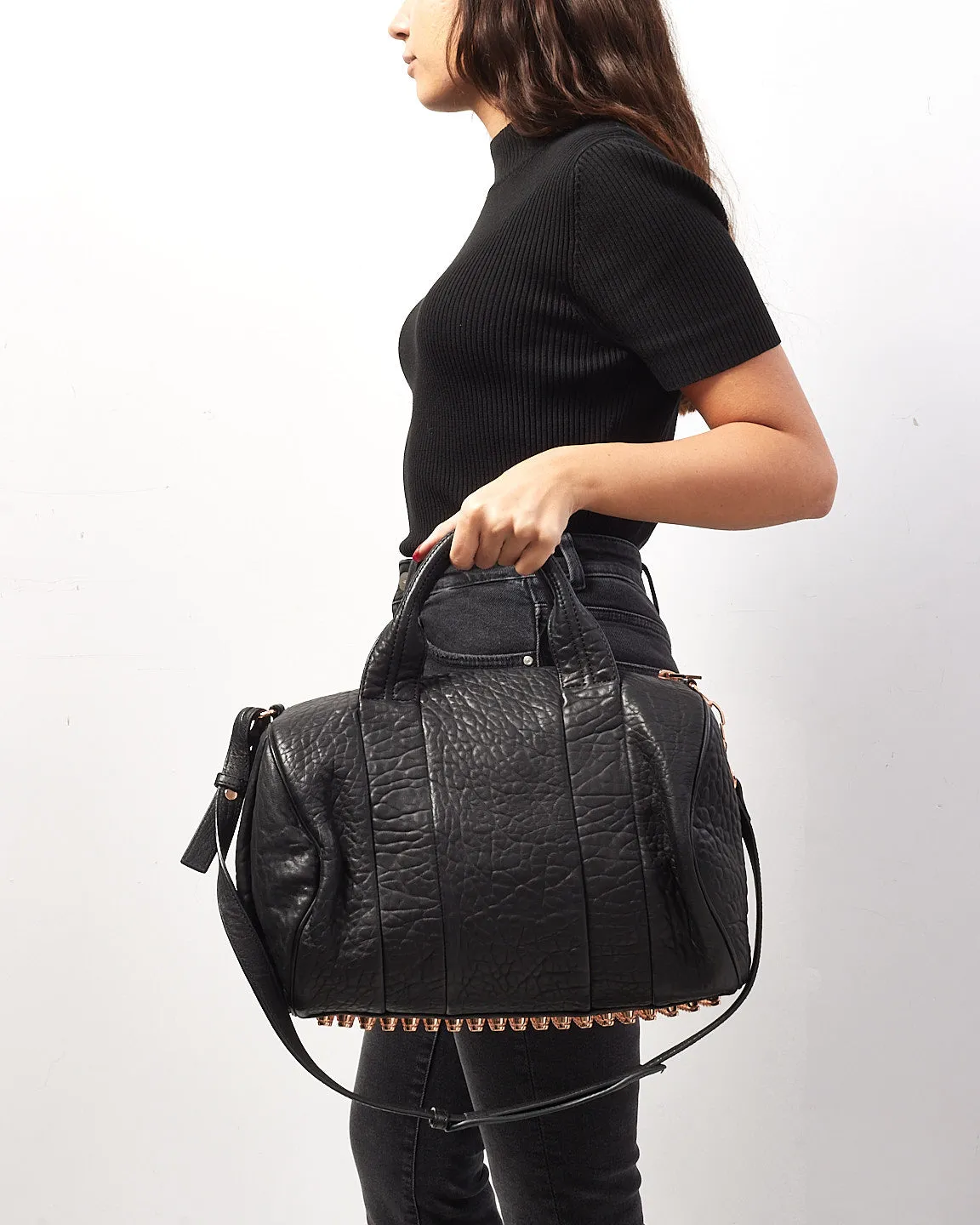 Alexander Wang Black Pebble Lambskin & Rose Gold Studded Rocco Bag