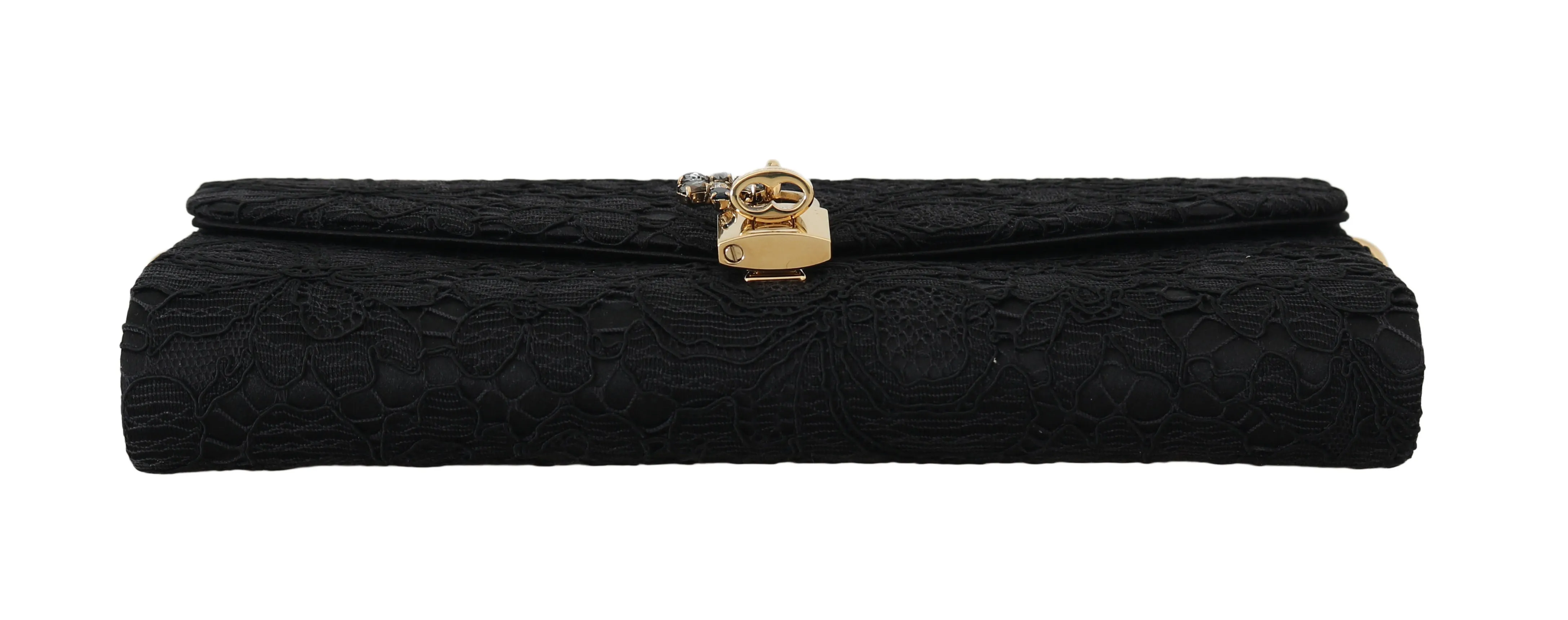 Black Pizzo Taormina Lace Crystal Padlock Clutch Bag