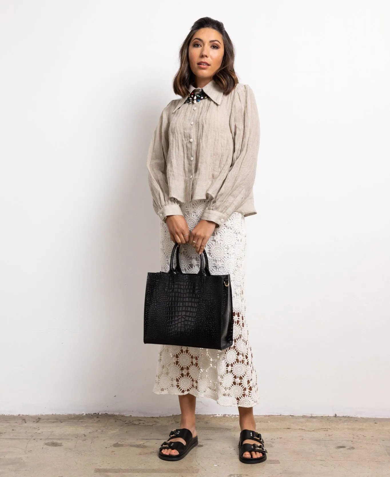 Florence Tote leather bag croco embossed black