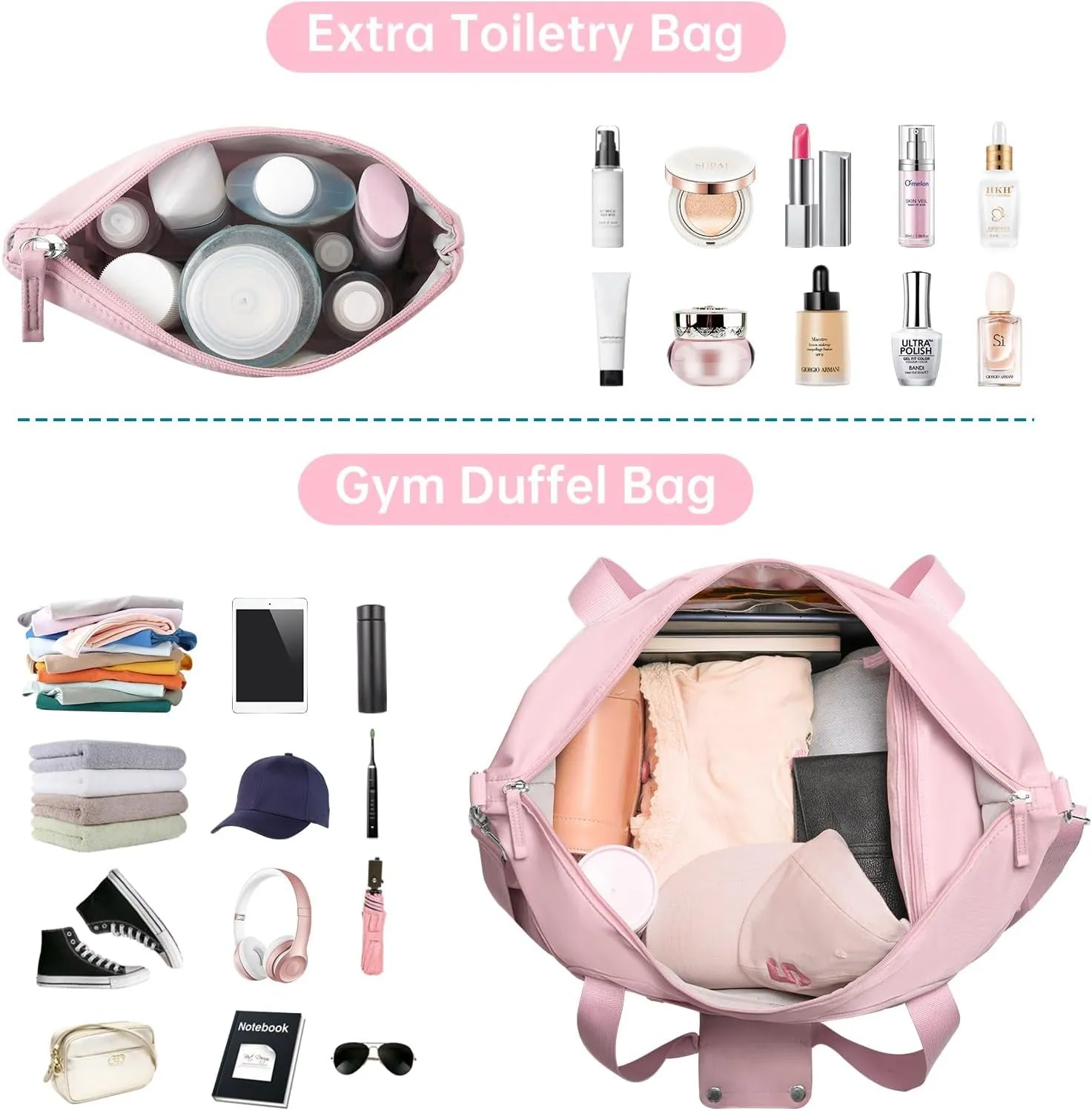 Weekend Travel Bag for Women, Gym Bag With USB Charging Port & Shoes Compartment - Pink